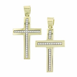 Χρυσός γυναικείος σταυρός διπλής όψης 14Κ με ζιργκόν