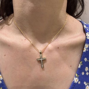 Χρυσός γυναικείος σταυρός διπλής όψης 14Κ με ζιργκόν