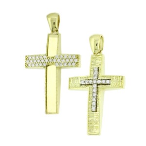 14K gold double-sided cross with zircon stones