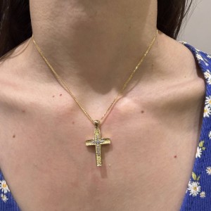 Χρυσός γυναικείος σταυρός διπλής όψης 14Κ με ζιργκόν