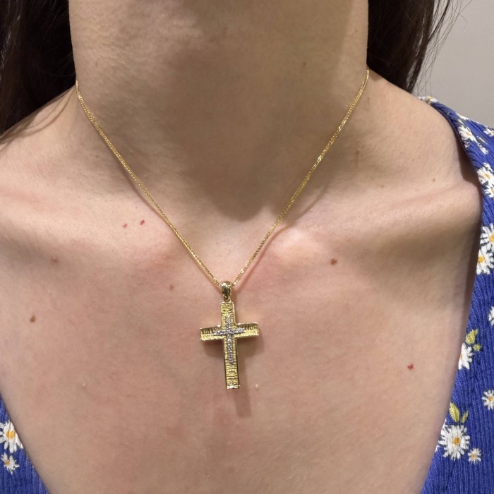 Χρυσός γυναικείος σταυρός διπλής όψης 14Κ με ζιργκόν