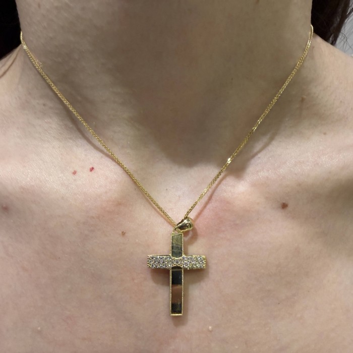 Χρυσός γυναικείος σταυρός διπλής όψης 14Κ με ζιργκόν