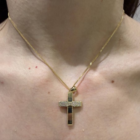 Χρυσός γυναικείος σταυρός διπλής όψης 14Κ με ζιργκόν