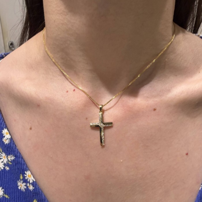14K gold cross with zircon stones