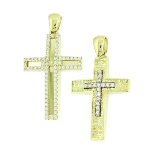 14K gold double-sided cross with zircon stones
