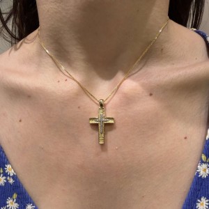 Χρυσός γυναικείος σταυρός 14Κ διπλής όψης με ζιργκόν