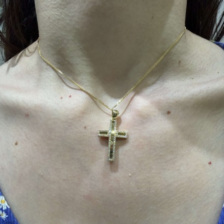 Χρυσός γυναικείος σταυρός 14Κ διπλής όψης με ζιργκόν