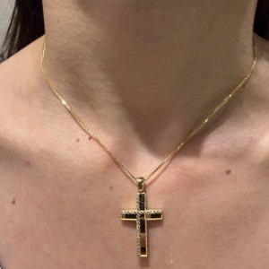 Χρυσός γυναικείος σταυρός διπλής όψης 14Κ με ζιργκόν