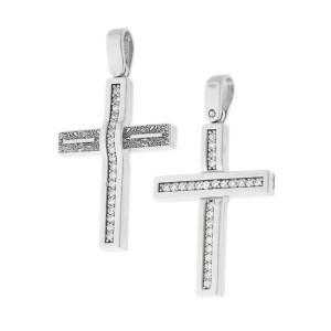 14K white gold double-sided cross with zircon stones