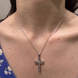 14K white gold double-sided cross with zircon stones