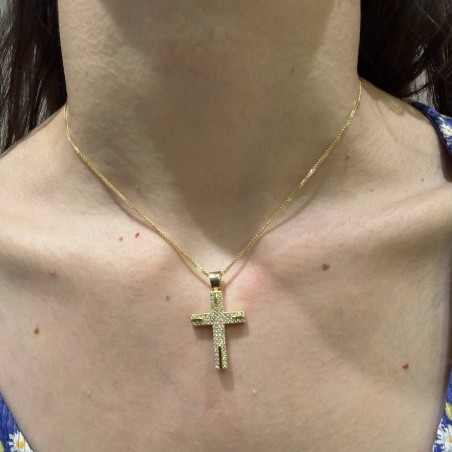 14K yellow gold double-sided cross with zircon stones