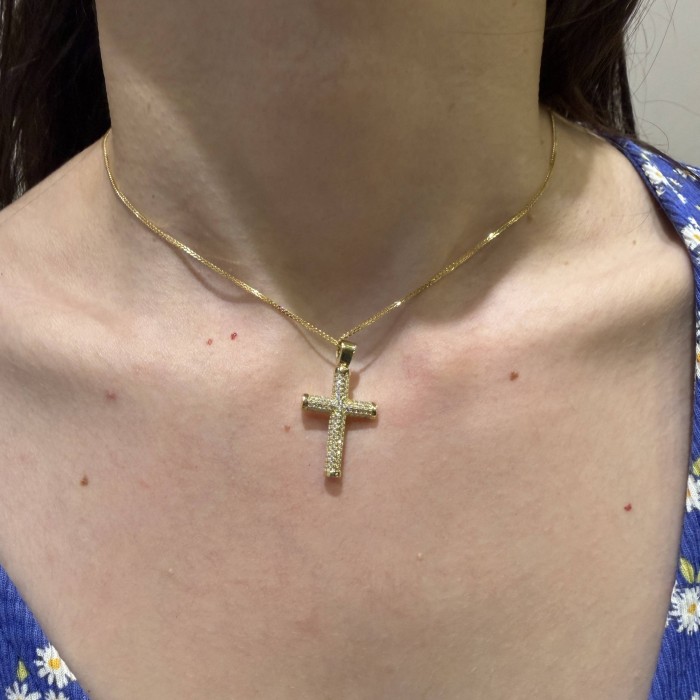 Χρυσός γυναικείος σταυρός διπλής όψης 14Κ με ζιργκόν