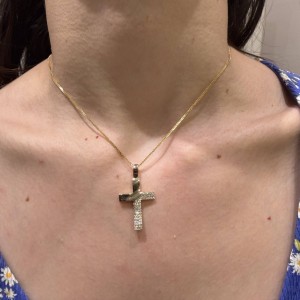 Χρυσός γυναικείος σταυρός διπλής όψης 14Κ με ζιργκόν