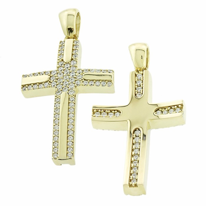 Χρυσός γυναικείος σταυρός διπλής όψης 14Κ με ζιργκόν