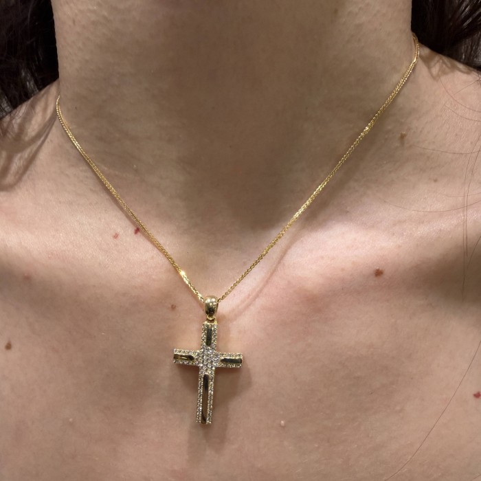 Χρυσός γυναικείος σταυρός διπλής όψης 14Κ με ζιργκόν