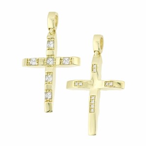 Χρυσός γυναικείος σταυρός διπλής όψης 14Κ με ζιργκόν