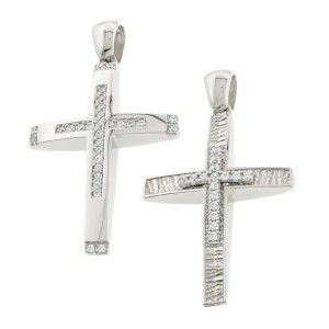 14K white gold double-sided cross with zircon stones