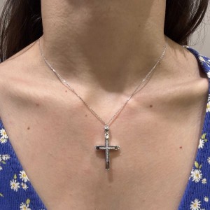 Λευκόχρυσος γυναικείος σταυρός διπλής όψης 14Κ με ζιργκόν