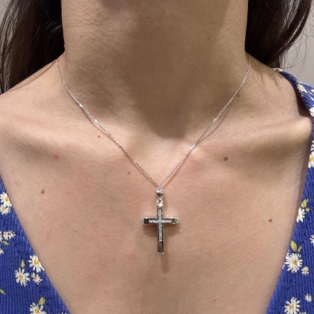 Λευκόχρυσος γυναικείος σταυρός διπλής όψης 14Κ με ζιργκόν