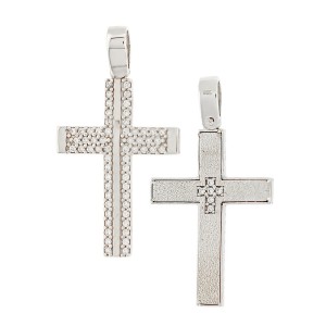 14K white gold double-sided cross with zircon stones