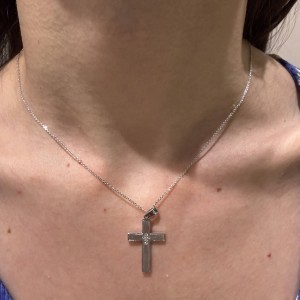 Λευκόχρυσος γυναικείος σταυρός διπλής όψης 14Κ με ζιργκόν