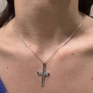Λευκόχρυσος γυναικείος σταυρός διπλής όψης 14Κ με ζιργκόν
