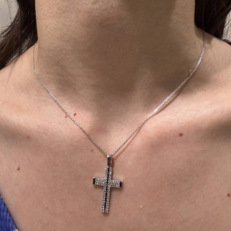 Λευκόχρυσος γυναικείος σταυρός διπλής όψης 14Κ με ζιργκόν