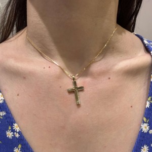 Χρυσός γυναικείος σταυρός διπλής όψης 14Κ με ζιργκόν