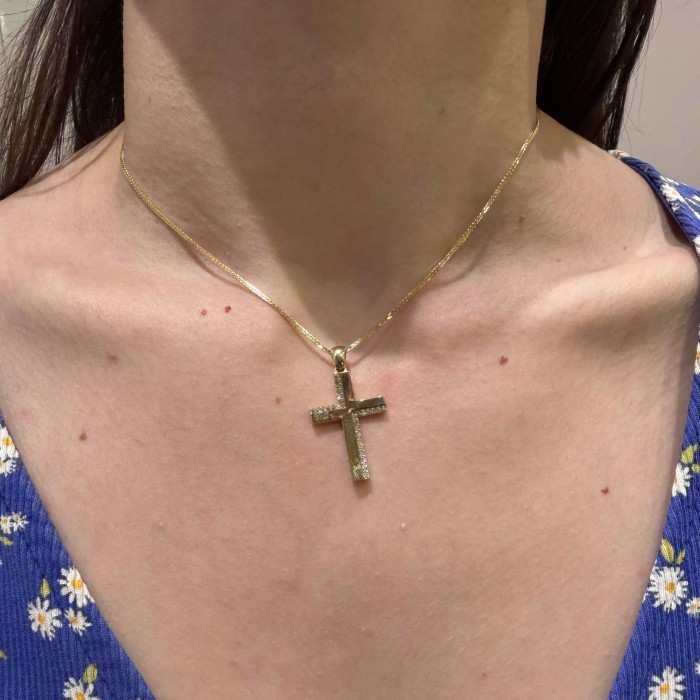 Χρυσός γυναικείος σταυρός διπλής όψης 14Κ με ζιργκόν