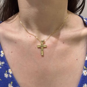 Χρυσός γυναικείος σταυρός διπλής όψης 14Κ με ζιργκόν