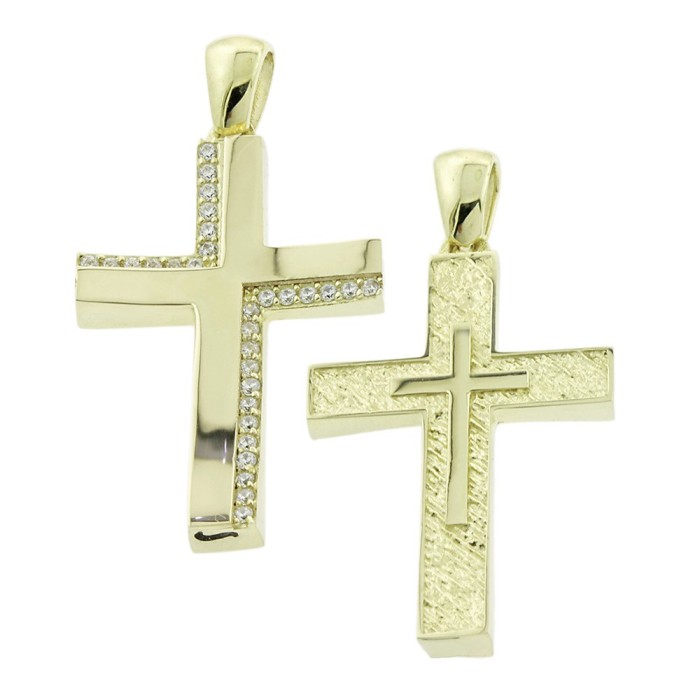 Χρυσός γυναικείος σταυρός διπλής όψης 14Κ με ζιργκόν