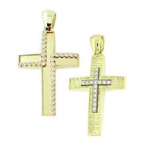 14K gold double-sided cross with zircon stones