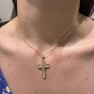 14K gold double-sided cross with zircon stones