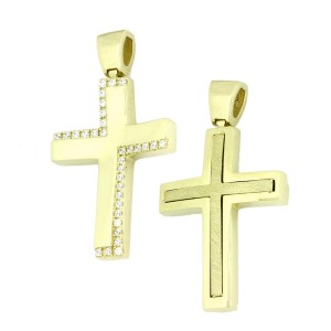 Χρυσός γυναικείος σταυρός διπλής όψης 14Κ με ζιργκόν