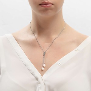 Λευκόχρυσο γυναικείο κολιέ 14 καρατίων με μαργαριτάρια και πέτρες ζιργκόν