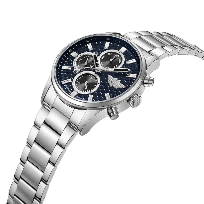 Police watch with silver bracelet and blue dial.