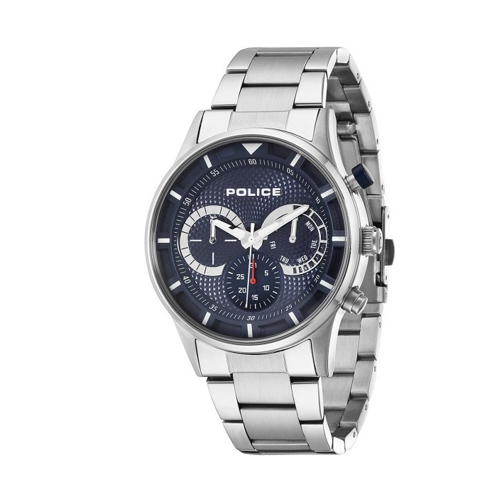 Police watch with silver metal bracelet and blue dial