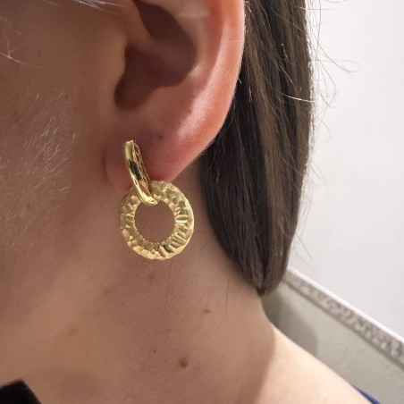 14K gold textured drop earrings with circular design