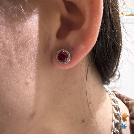 14K white gold earrings with red zircon and zircon stones