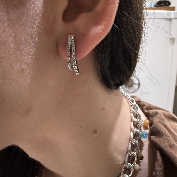 14K white gold drop earrings with double curved zircon design