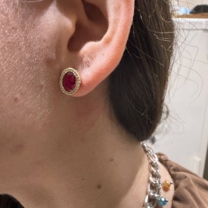 14K gold stud earrings with red stone and zircon details
