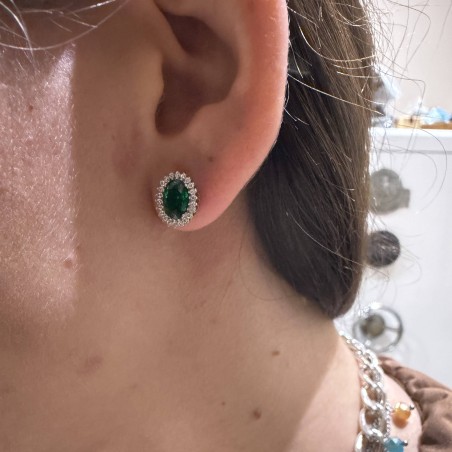 Λευκόχρυσα σκουλαρίκια καρφωτά Κ14 με πράσινη πέτρα και ζιργκόν