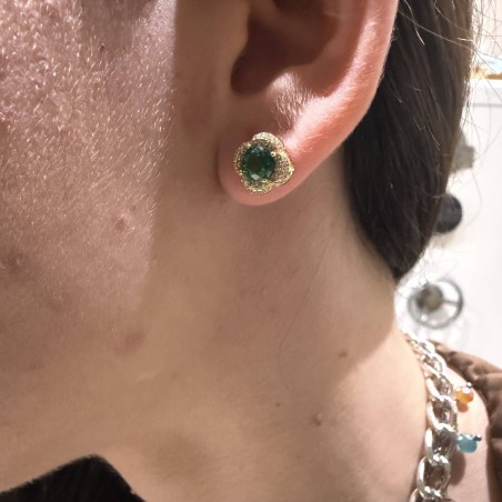 14K gold stud earrings with green stone and zircon details
