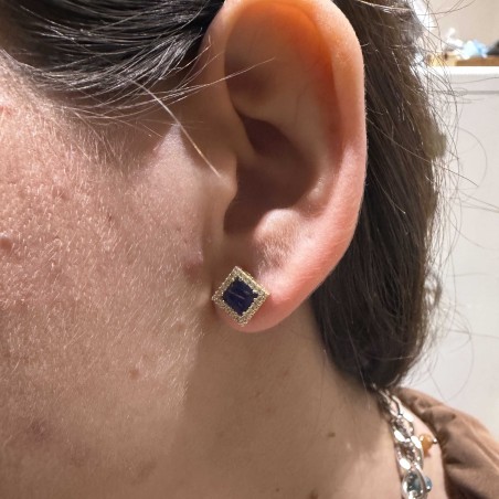 14K gold stud earrings with blue stone and zircon details