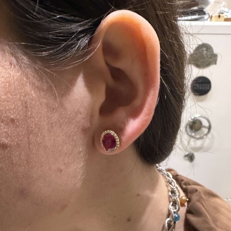 14K gold stud earrings with red stone and zircon details