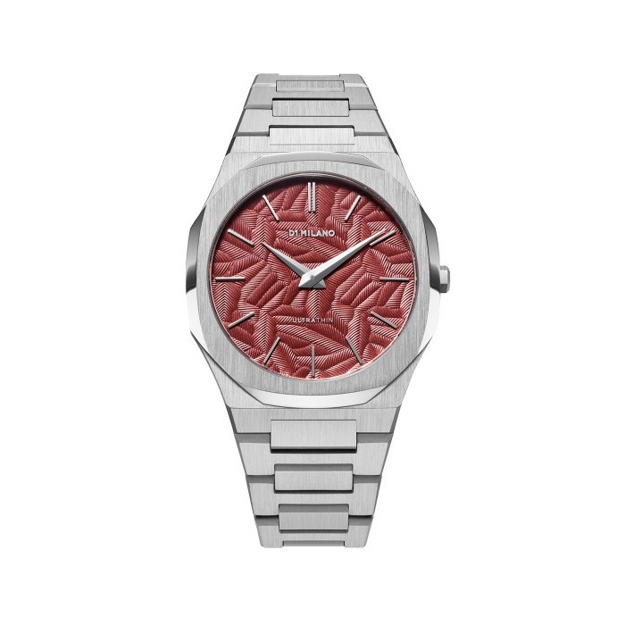 D1 Milano ultrathin watch with red textured dial and stainless steel bracelet