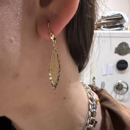 14K gold two-tone drop earrings with elongated leaf design
