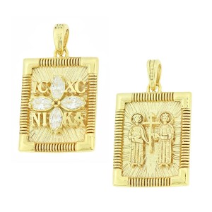 14K gold double-sided Byzantine coin pendant with zircon stones