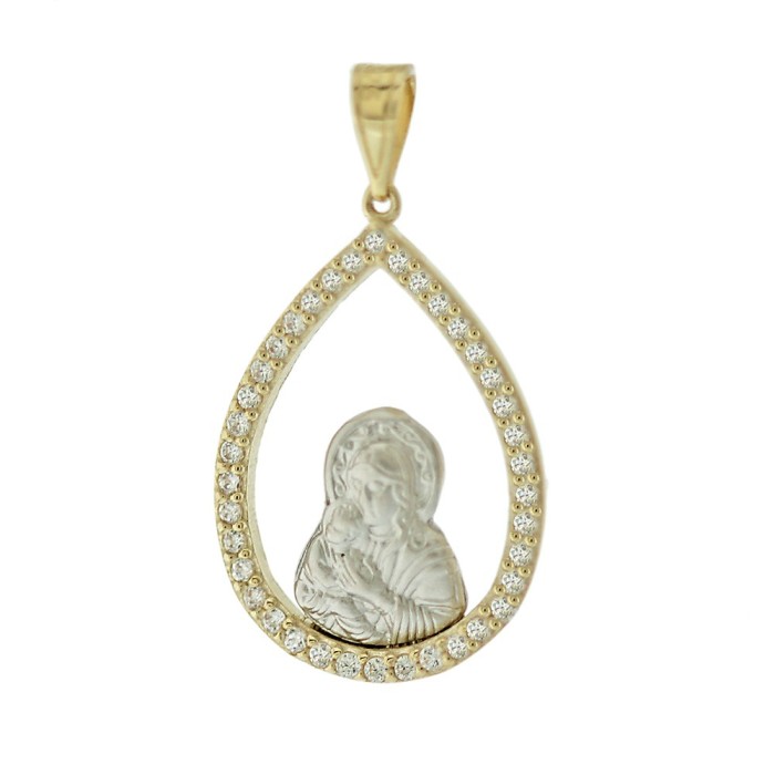 14K two-tone Virgin Mary pendant with zircon stones
