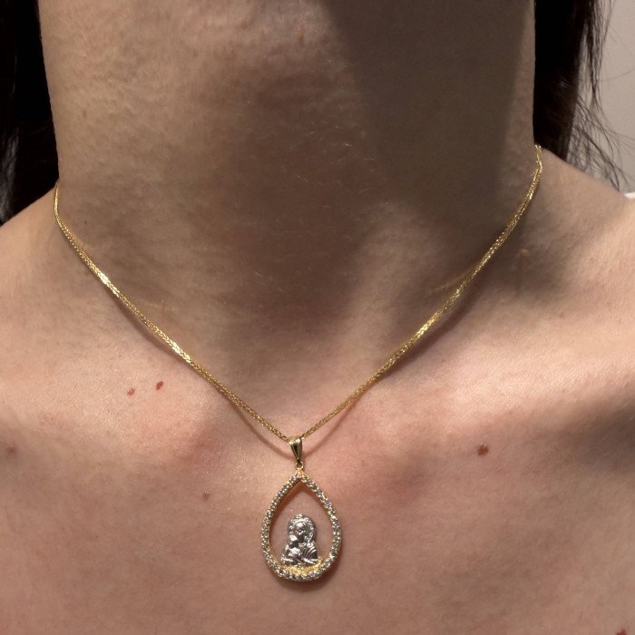 14K two-tone Virgin Mary pendant with zircon stones